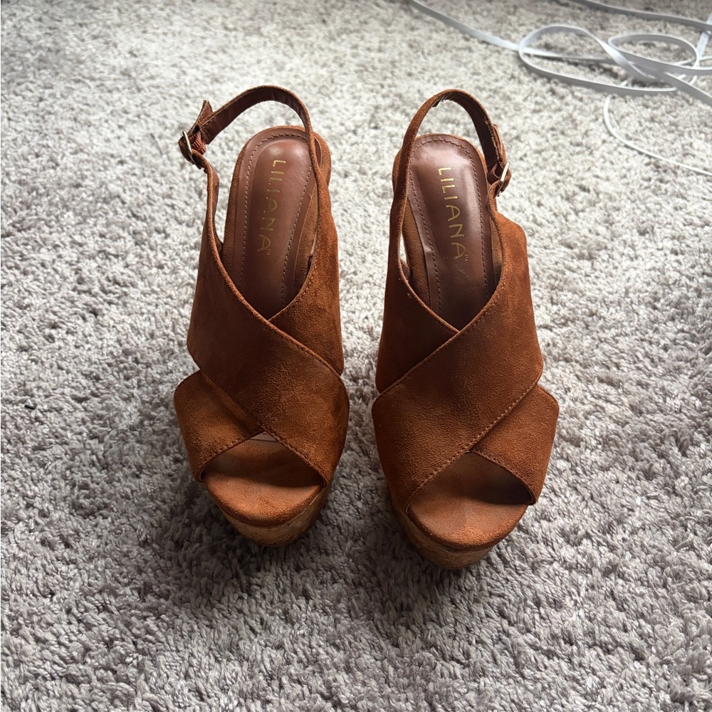 Liliana Women's Brown Suede Wedge Sandals - Picture 2 of 5